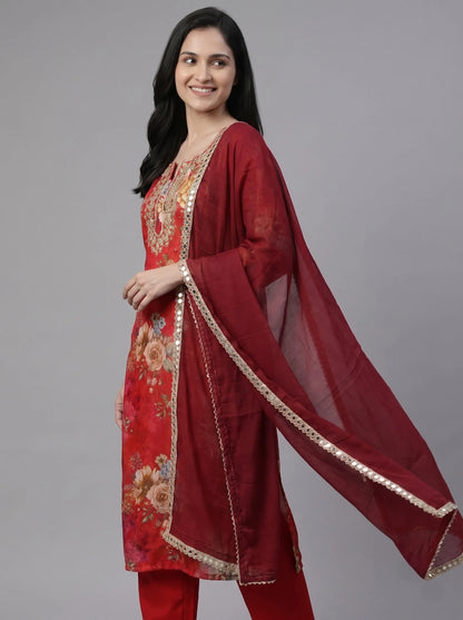 Red Floral Digital Print Organza Suit with Mirror-Work Dupatta