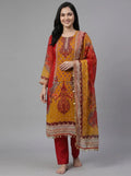 Red-Mustard Paisley Print Organza Suit with Mirror Work & Coin Fringe