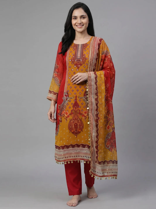 Red-Mustard Paisley Print Organza Suit with Mirror Work & Coin Fringe
