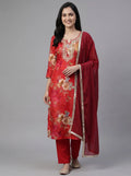 Red Floral Digital Print Organza Suit with Mirror-Work Dupatta