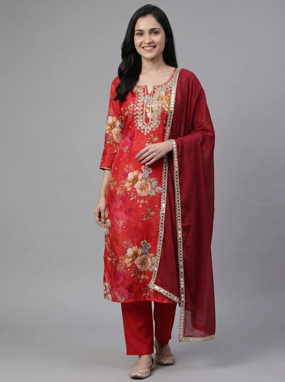 Red Floral Digital Print Organza Suit with Mirror-Work Dupatta