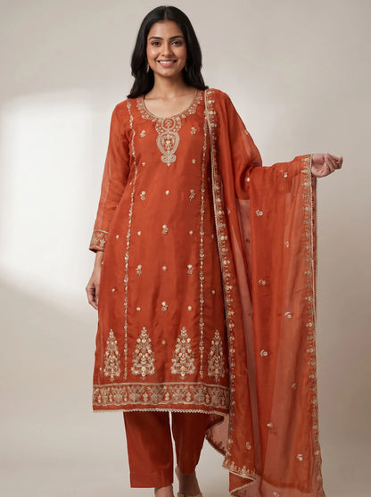 Rust Orange Heavy Embroidered Glass Organza Suit