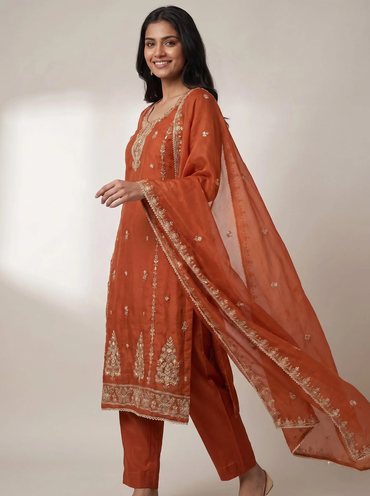 Rust Orange Heavy Embroidered Glass Organza Suit