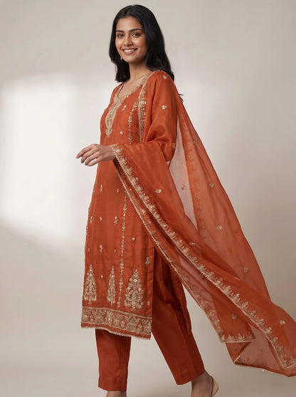 Rust Orange Heavy Embroidered Glass Organza Suit