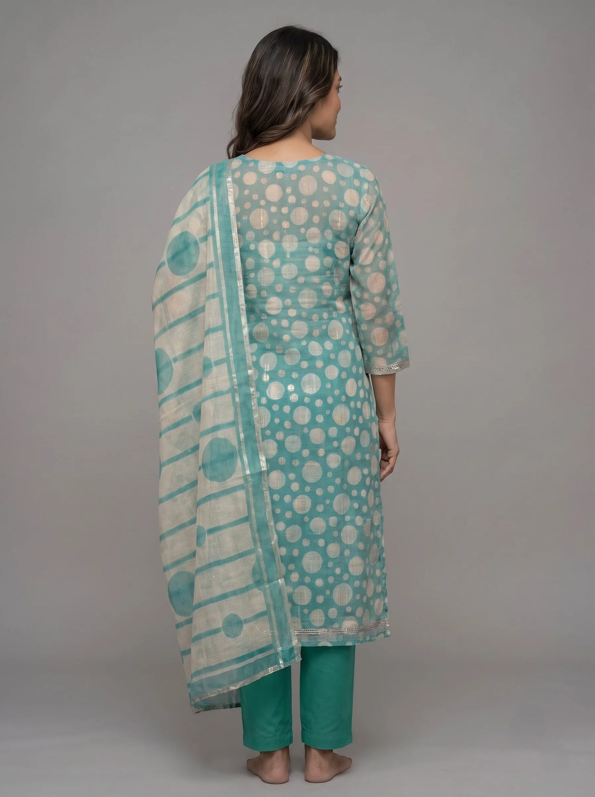 Teal Polka Dot Kota Doria Suit with Gota-Patti Mirror Neckline