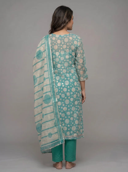 Teal Polka Dot Kota Doria Suit with Gota-Patti Mirror Neckline