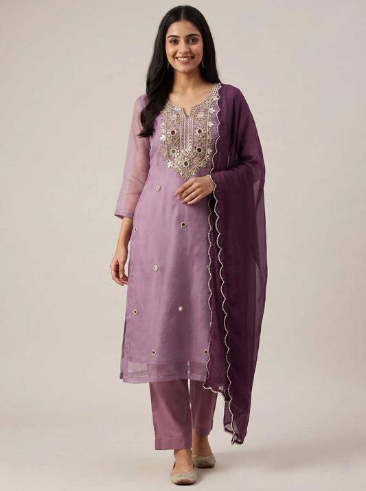 Lavender Purple Shimmer Organza Suit with Heavy Gota-Patti Mirror Work