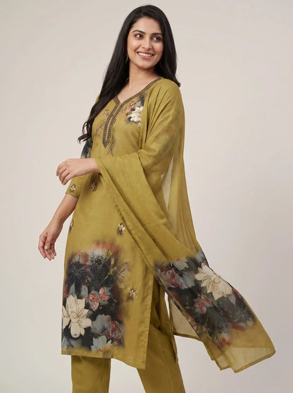 Olive Gold Shimmer Organza Suit with Heavy Gota-Patti Mirror Work