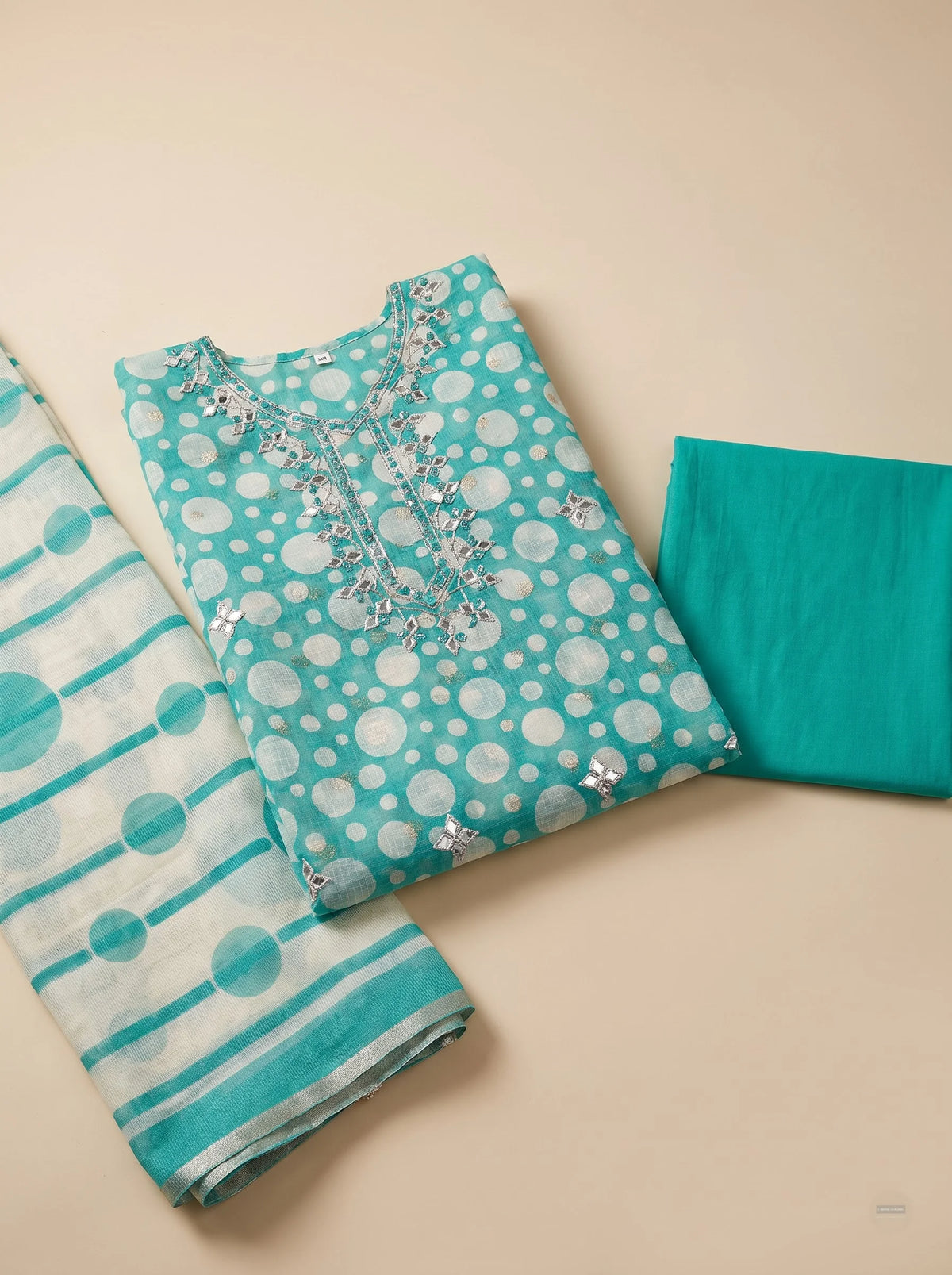 Teal Polka Dot Kota Doria Suit with Gota-Patti Mirror Neckline