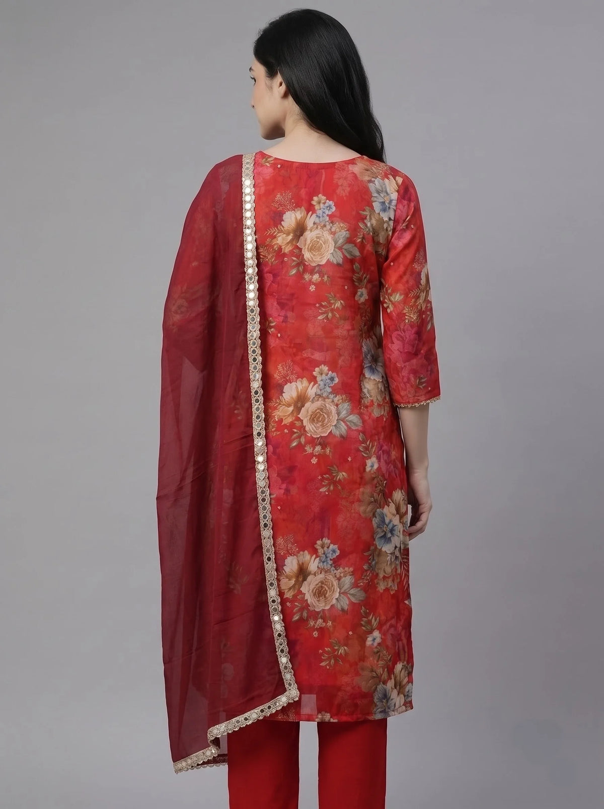 Red Floral Digital Print Organza Suit with Mirror-Work Dupatta