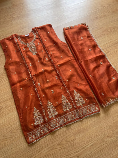 Rust Orange Heavy Embroidered Glass Organza Suit