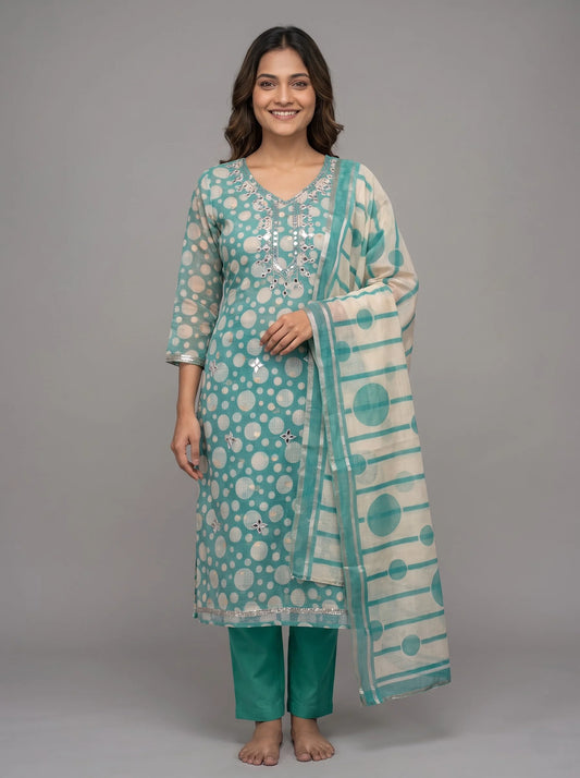 Teal Polka Dot Kota Doria Suit with Gota-Patti Mirror Neckline