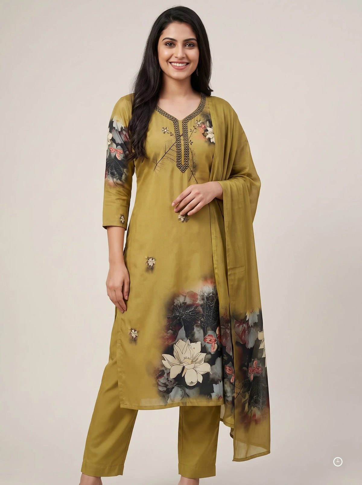 Olive Gold Shimmer Organza Suit with Heavy Gota-Patti Mirror Work