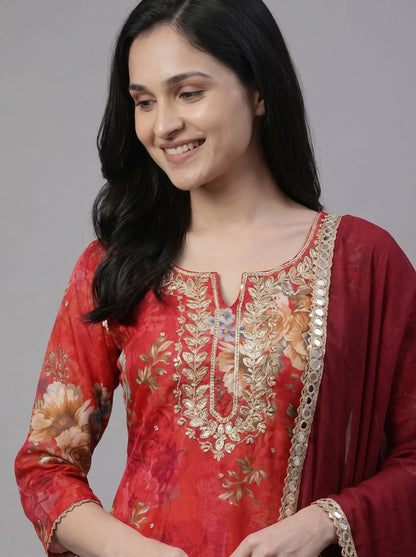 Red Floral Digital Print Organza Suit with Mirror-Work Dupatta