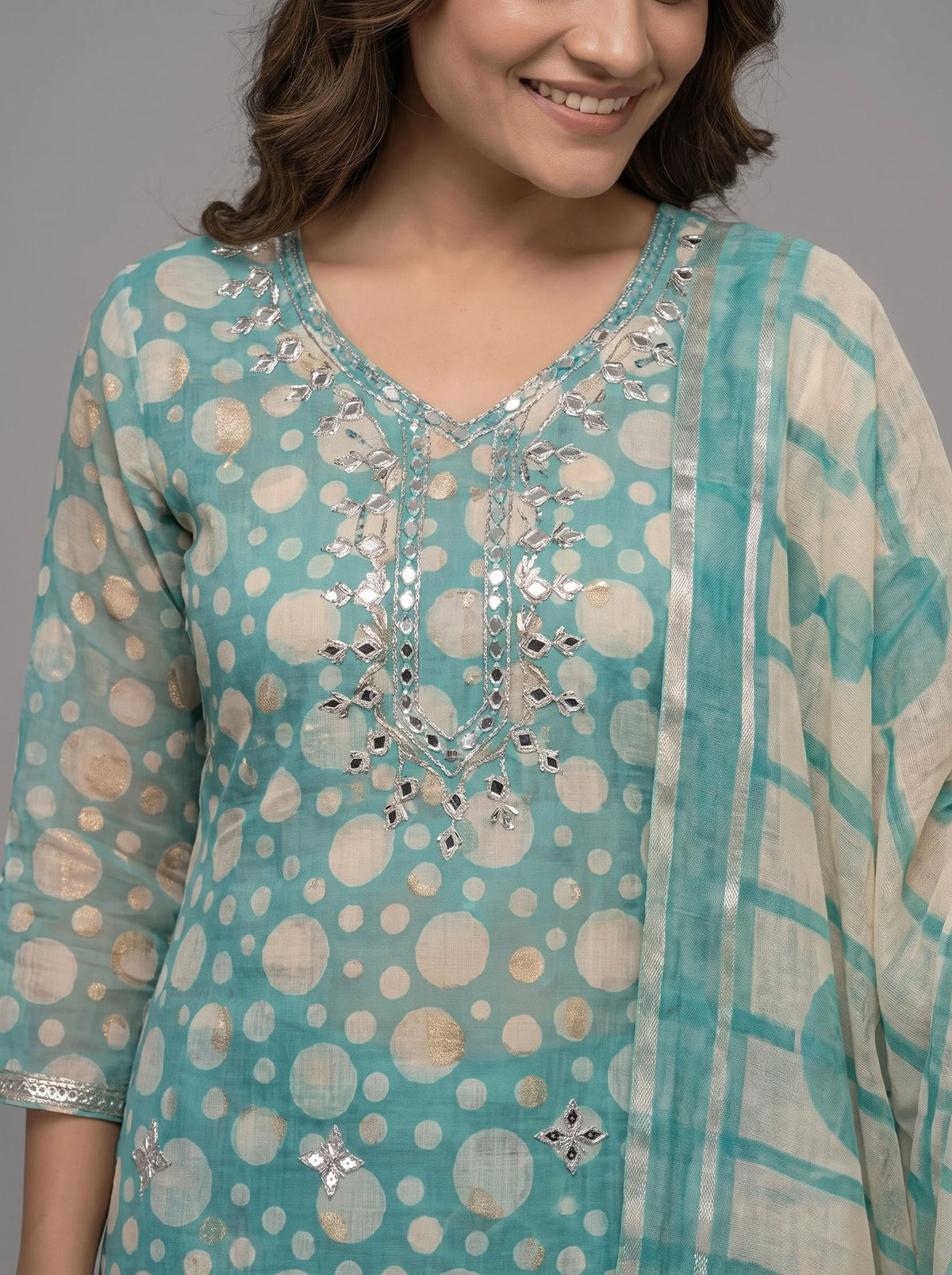 Teal Polka Dot Kota Doria Suit with Gota-Patti Mirror Neckline