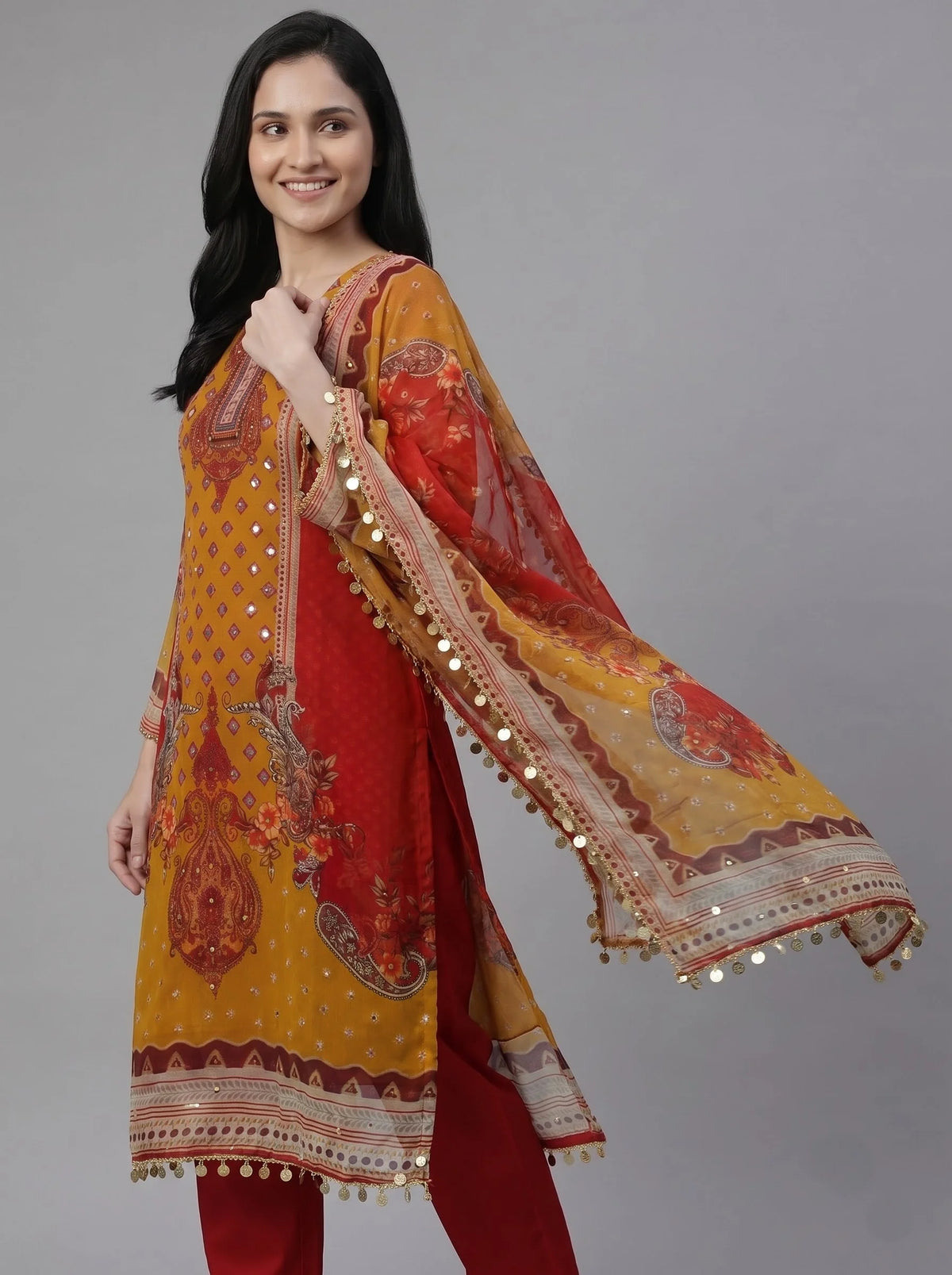 Red-Mustard Paisley Print Organza Suit with Mirror Work & Coin Fringe