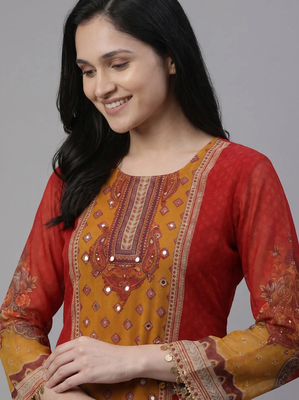 Red-Mustard Paisley Print Organza Suit with Mirror Work & Coin Fringe