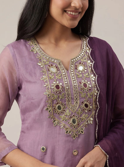 Lavender Purple Shimmer Organza Suit with Heavy Gota-Patti Mirror Work